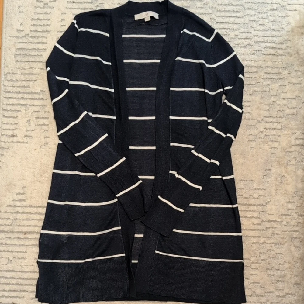 LOFT Navy and White Striped Cardigan - Picture 2 of 6